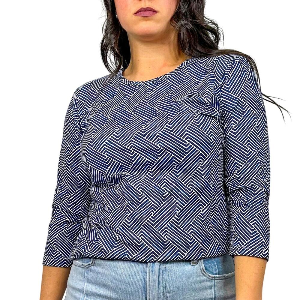 J. McLaughlin Blue & White Patterned Round Neck 3/4 Sleeve Blouse